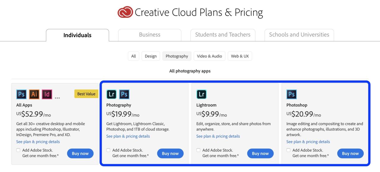 Lightroom pricing